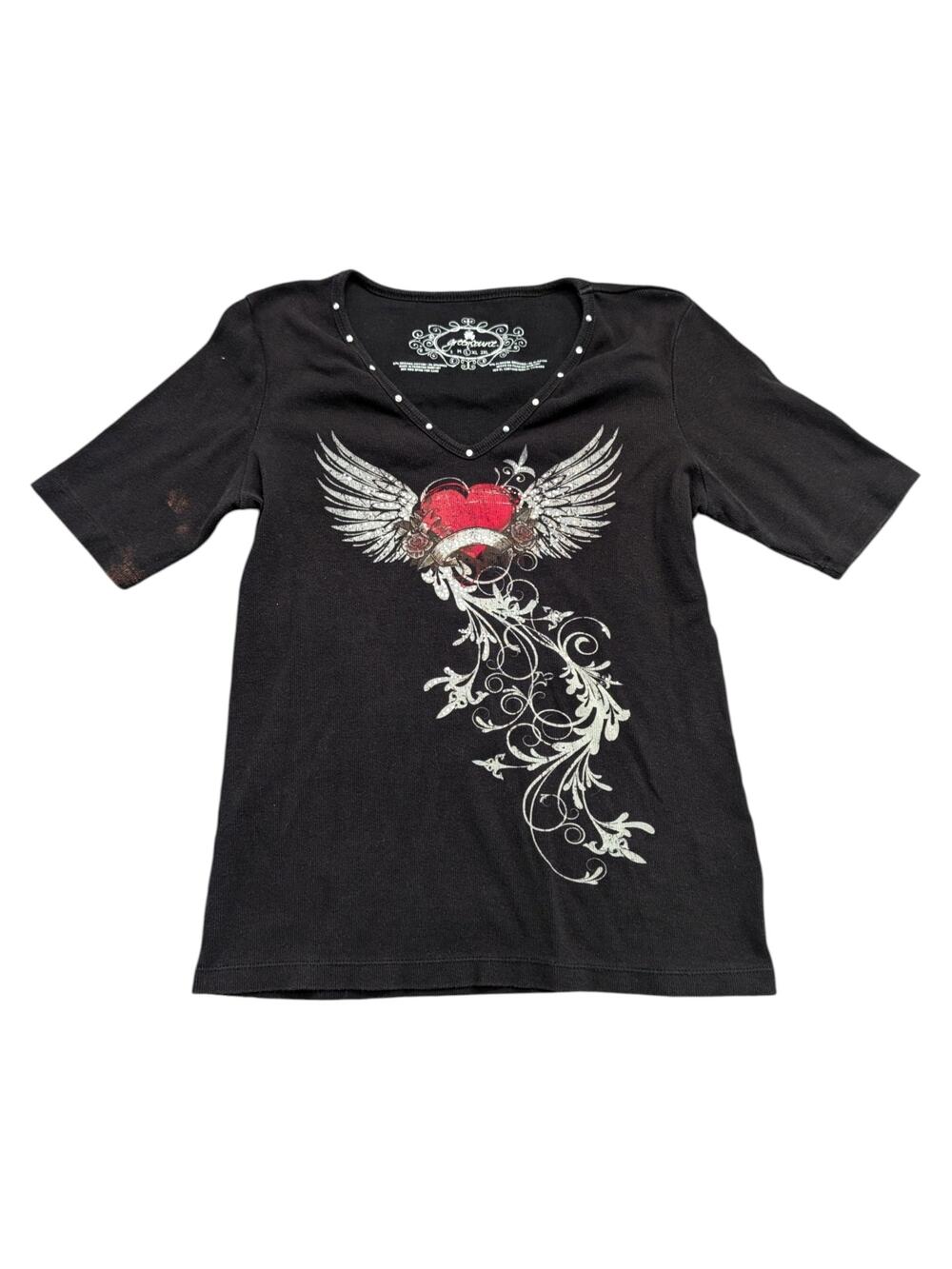 Y2K Women's Rhinestone V Neck Short Sleeve Shirt